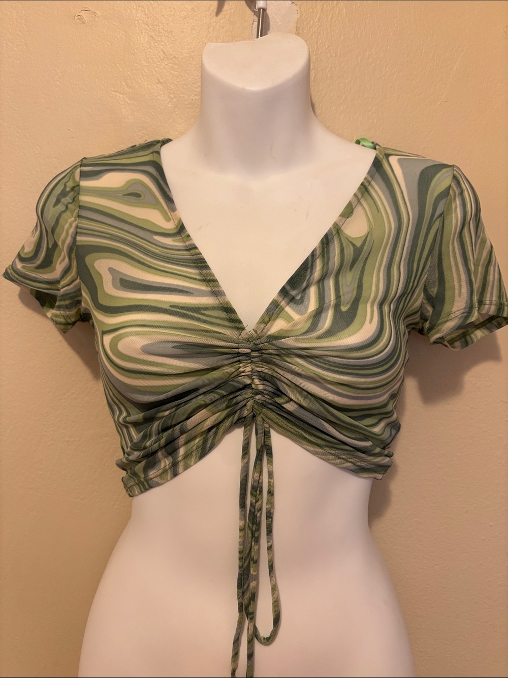Ruched V-Neck Green Swirl Crop Top with Adjustable Tie